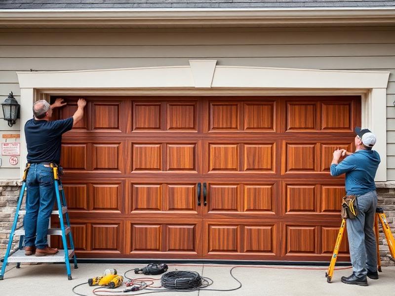 New garage door installation in progress with professional technician